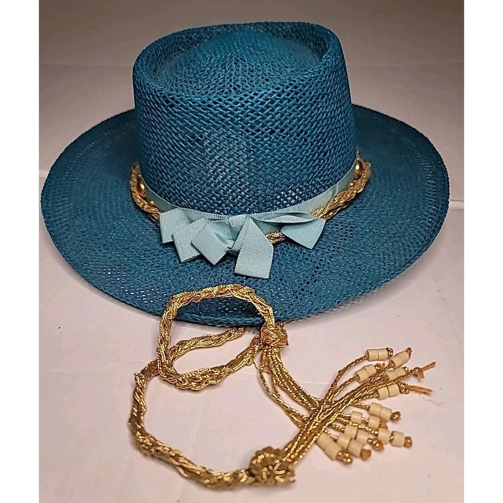 Teal Western Womens Hat Derby Cowboy Concert Festival Panama Hat Gold Ropes Cute